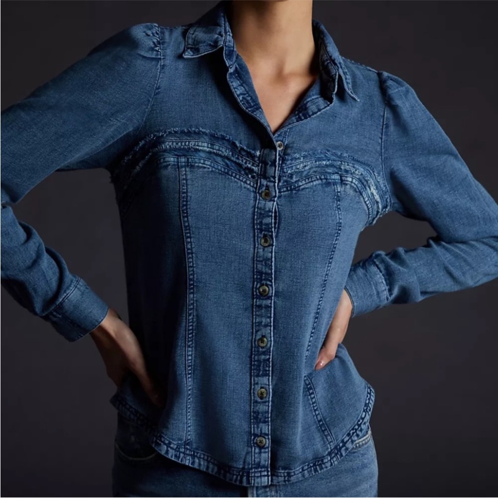 Anthropologie Pilcro 1X Denim Corset Button Up Long Sleeve Shirt Western Rodeo - Picture 9 of 9